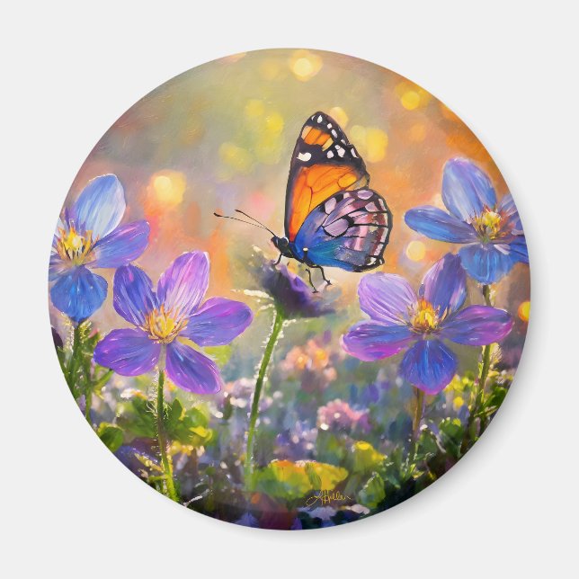 Aimant Petit papillon sur des fleurs sauvages au lever du (Devant)