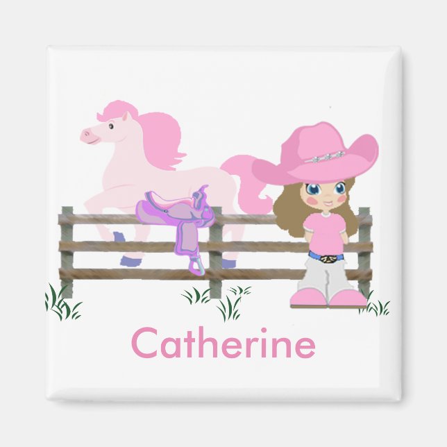 Aimant Petite Cowgirl Occidentale Avec Cheval (Devant)