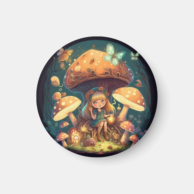 Aimant Petite elve de fille parmi les champignons (Devant)