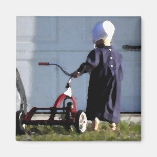 Aimant Petite fille amish avec son Tricycle-Aquarelle