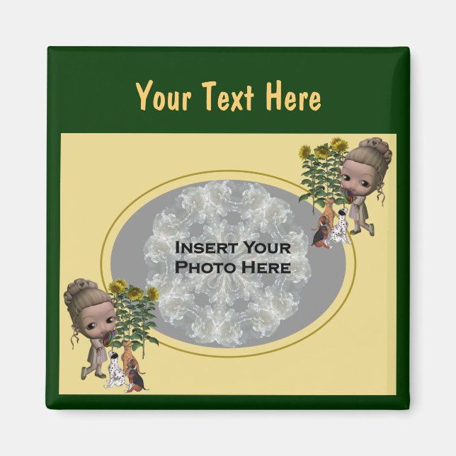 Aimant Petite fille avec chiots Photo (Devant)