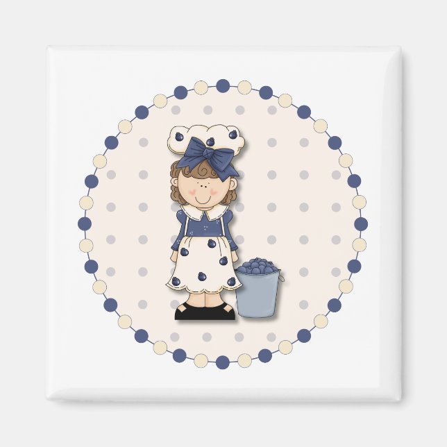 Aimant Petite fille de campagne + seau rempli de bleuets (Devant)