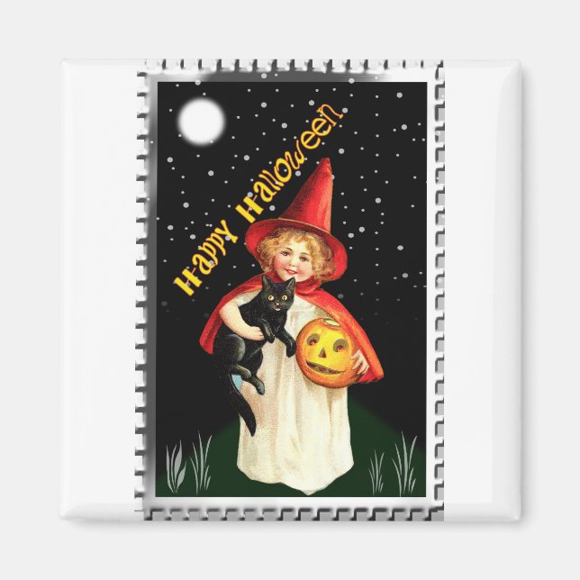 Aimant Petite fille nostalgique, Jack-o’-lanterne et chat (Devant)