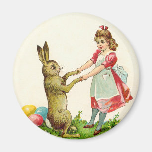Aimant Petite fille vintage Danse avec lapin Oeuf de Pâqu