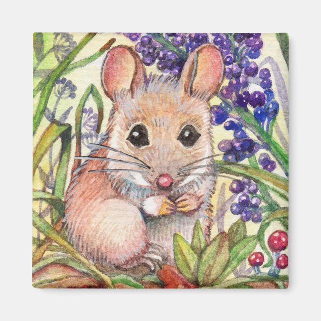 Aimant Petite souris et fleurs violettes (Devant)