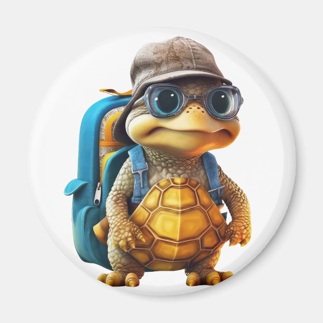 Aimant Petite Tortue Aventurée avec sac à dos, (Devant)