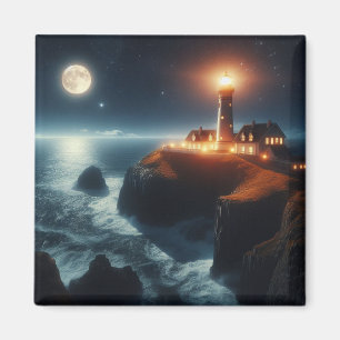 Aimant Phare nautique/côtier la nuit avec lune