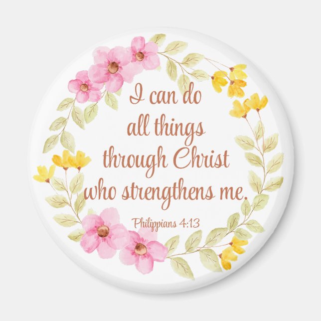 Aimant Philippiens 4:13 Écriture florale rose et jaune (Devant)