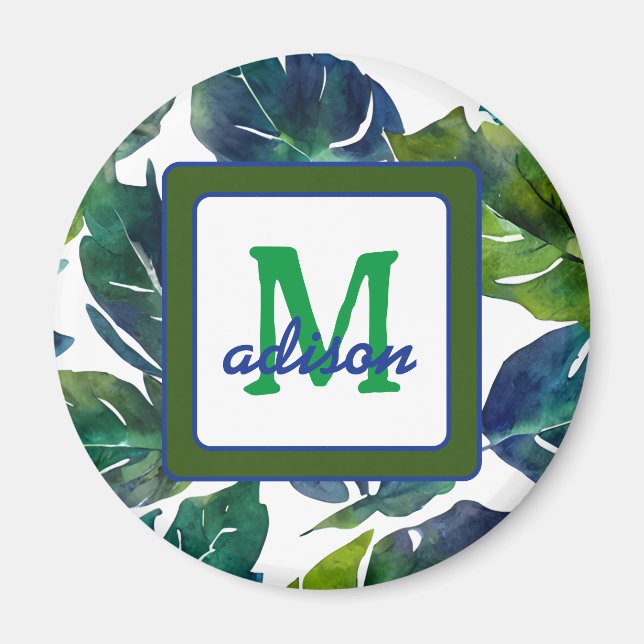 Aimant Philodendron vert et bleu du feuillage Monogramme (Devant)