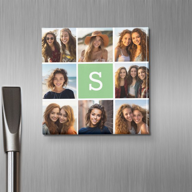 Aimant Photo Collage personnalisé Monogramme Mention vert (Personalized fridge magnet with photos and custom text)