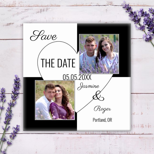 Aimant Photo de coeur noir et blanc Enregistrer l'aimant  (Save the Date magnet featuring your own photos framed by a checkered black and white heart design.)