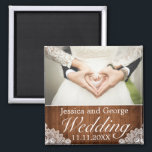 Aimant Photo de Rustic Wood & White Lace Wedding<br><div class="desc">Wedding photo fridge magnet. Rustic style with wood planks background and white lace decor. More items are available in this in our store. You can edit the design further,  change colors,  fonts and add extra text by clicking "customize further" link.</div>