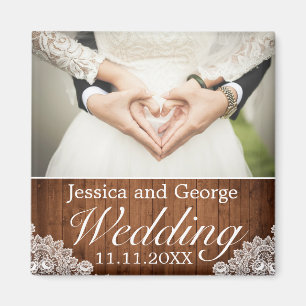 Aimant Photo de Rustic Wood & White Lace Wedding