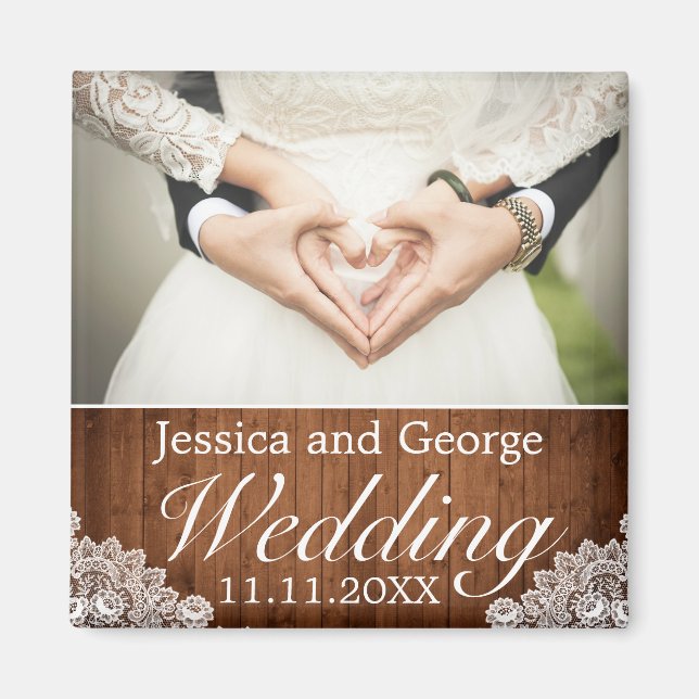 Aimant Photo de Rustic Wood & White Lace Wedding (Devant)