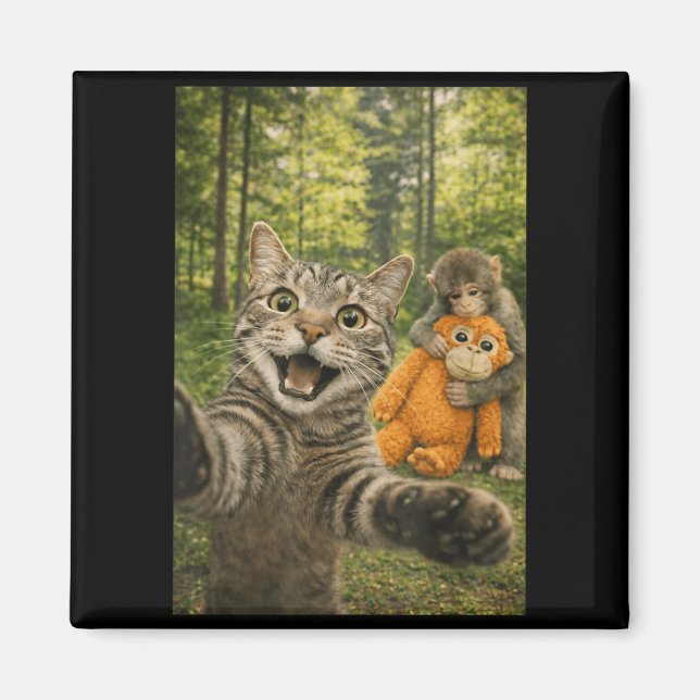 Aimant Photo drôle de chat selfie avec bébé singe Animal (Devant)