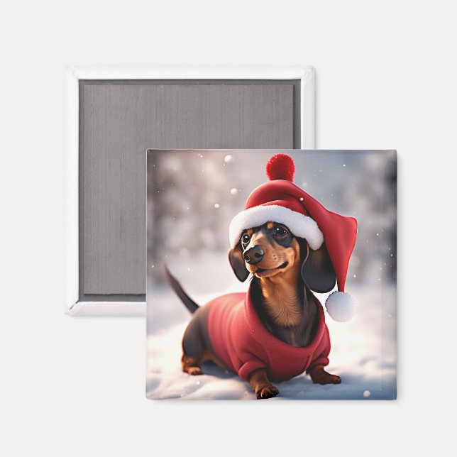 Aimant Photo d'un dachshund avec Casquette de Noël (Recto/Verso)