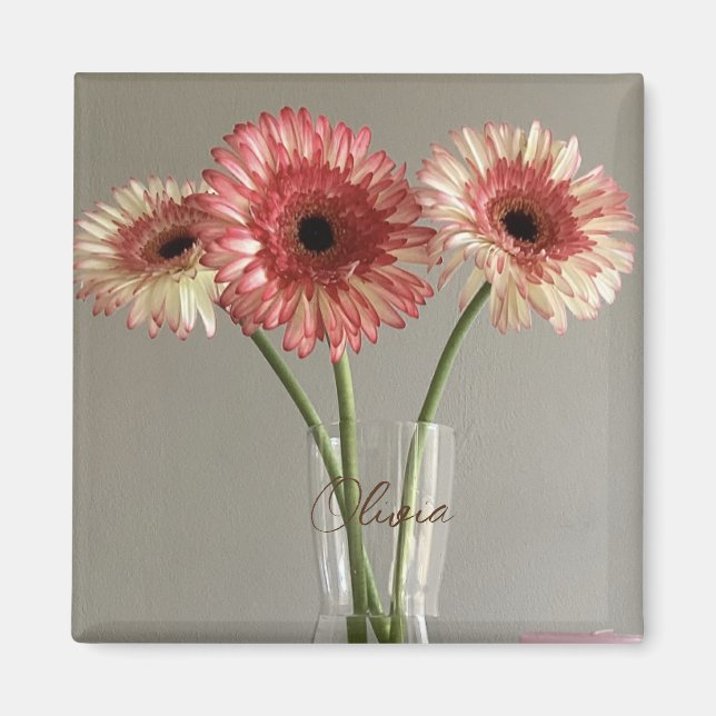 Aimant Photo Happy Gerbera Rose Flower +Custom Name (Devant)
