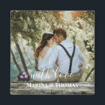Aimant Photo Mariage Personnalisée Avec Calligraphie Mode<br><div class="desc">Le design a un cadre rectangulaire blanc sur le bas et des textes de calligraphie moderne qui peuvent être customisés à votre préférence. Remplacez l'image au centre par votre propre photo mariage. Il fera un joli cadeau de mariage fait sur mesure pour vos invités ou pour votre propre souvenir.</div>