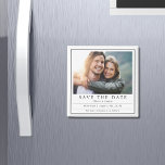 Aimant Photo Moderne Minimale Noir Blanc Enregistrer La D<br><div class="desc">Minimal Modern Photo Black White Save the Date Magnet dispose d'un simple moderne enregistrer la date mariage faire-part avec votre photo préférée en haut et le texte "Save The Date" dans une typographie moderne et audacieuse. Ajoutez ci-dessous vos noms, l'emplacement du mariage, la date du mariage et des informations supplémentaires...</div>