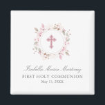 Aimant Photo modifiable Première communion Fleur rose Fav<br><div class="desc">Les magnets personnalisés font de grands faveurs de la Première Communion. Une jolie couronne rose florale avec une croix rose au centre crée un design féminin et religieux. Parfait pour une cérémonie chrétienne ou catholique. Trois lignes de texte sous la couronne vous permettent d'ajouter votre message personnalisé. J'ai choisi la...</div>