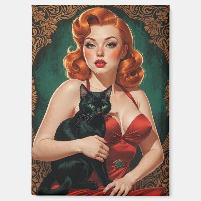 Aimant Pin-up à tête rouge et chat noir (Recto)