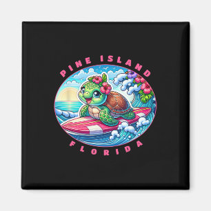 Aimant Pine Island Floride Fille Mignonne Surfant Tortue