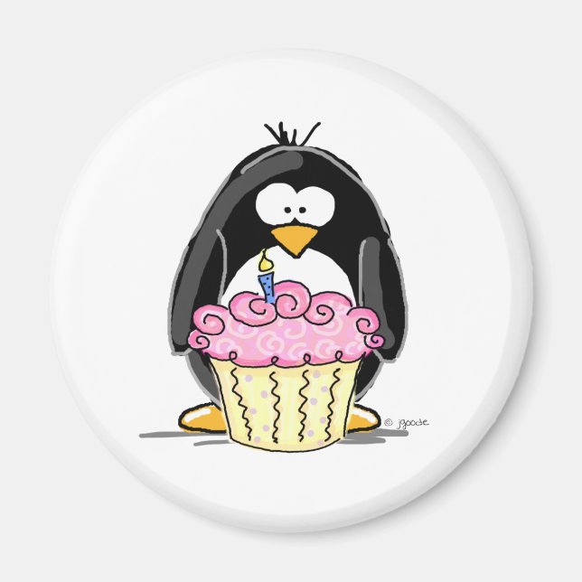 Aimant Pingouin d'anniversaire avec Cupcake (Devant)