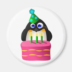 Aimant Pingouin d'anniversaire avec le gâteau