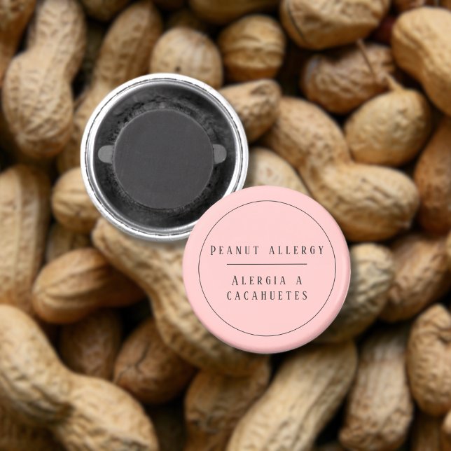 Aimant Pink Bilingue Alerte d'allergie aux arachides Espa (Bilingual peanut allergy warning  magnet. Spanish personalized name & text. multlingual project)