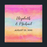 Aimant Pink Blue Yellow Rainbow Abstract Stripes<br><div class="desc">A wedding magnet with an image of a painted abstract design. Yellow blue and pink stripes. Bold and vibrant background pattern.</div>