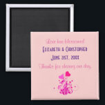 Aimant Pink Decorative Hearts Wedding Thank You<br><div class="desc">Wording / text says: Love has blossomed. (Names) (date) Thanks for sharing our day. Background is a pink rose quartz trendy color. An illustration of a blossoming heart plant with pink hearts and decorative swirls and curls all around.</div>