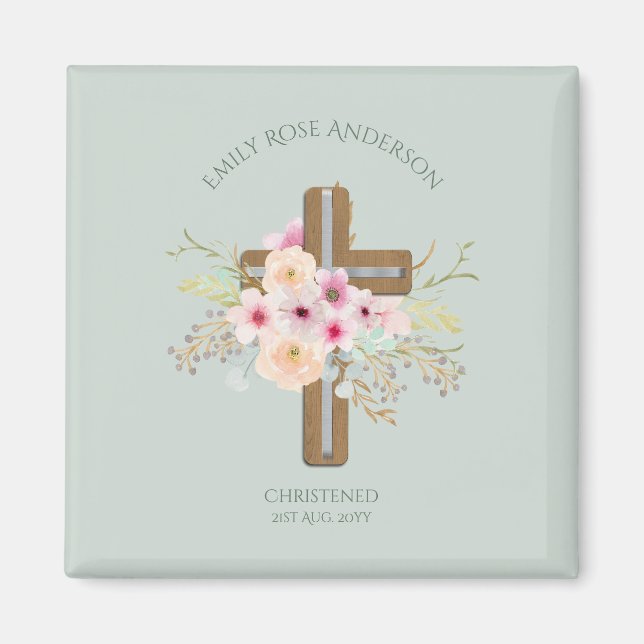 Aimant Pink Floral Cross Bouquet Girl Baptism Christening (Devant)