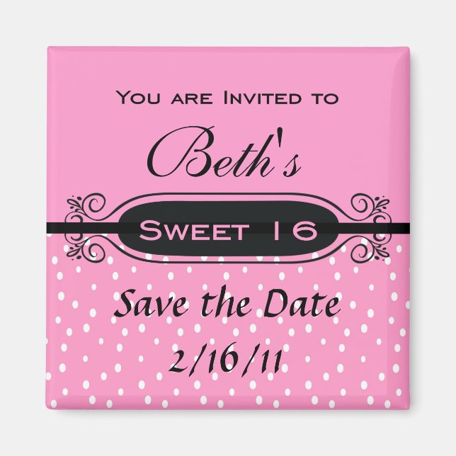Aimant Pink on White Polka Dot Sweet 16 Party Invitation (Devant)