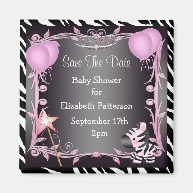 Aimant Pink Princess Zebra Baby shower Enregistrer La Dat (Devant)