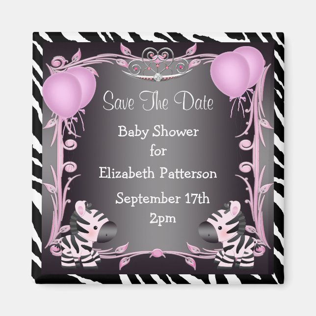 Aimant Pink Princess Zebra Baby shower Enregistrer La Dat (Devant)