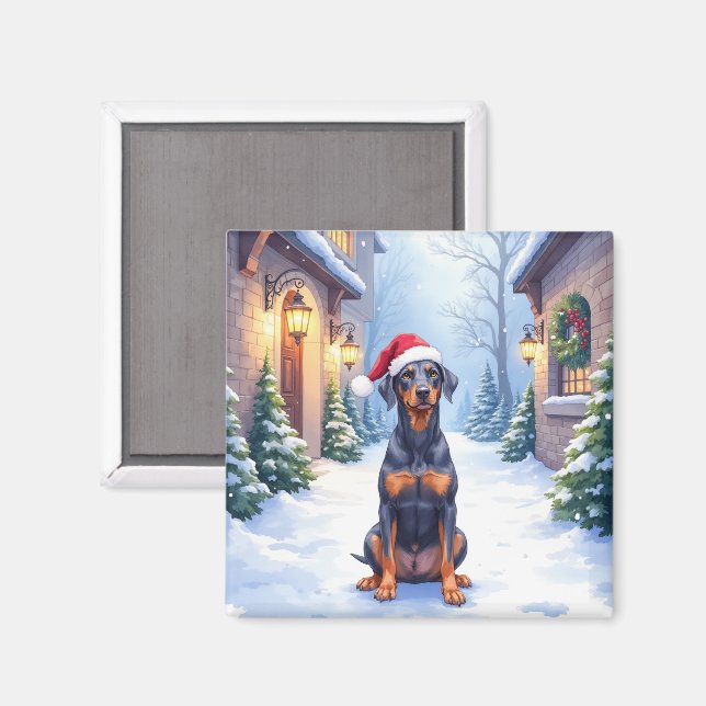Aimant Pinscher allemand Courtyard enneigé Chapeau de Pèr (Recto/Verso)