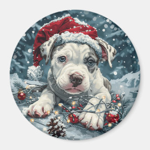 Aimant Pit Bull de Noël en Père Noël Chiot