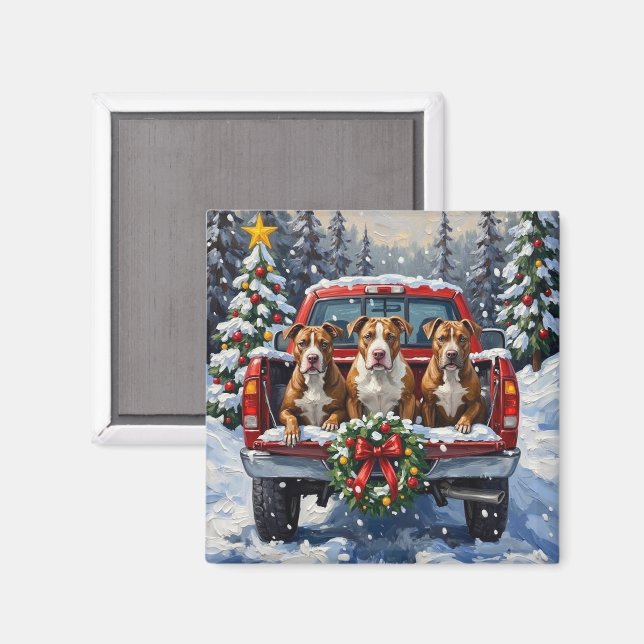 Aimant Pitbull camion rouge de Noël vacances (Recto/Verso)
