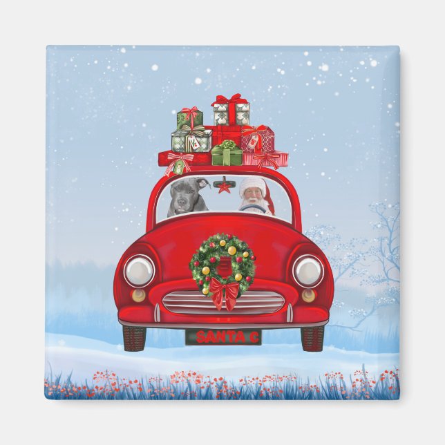 Aimant Pitbull Chien En Voiture Avec Le Père Noël (Devant)