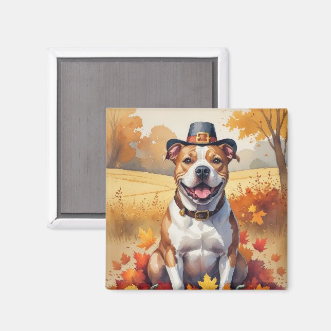 Aimant Pitbull en Feuilles d'Automne Art de Thanksgiving (Recto/Verso)