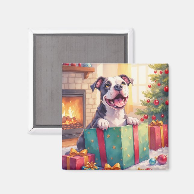 Aimant Pitbull joueur ouvrant des cadeaux de Noël pour le (Recto/Verso)