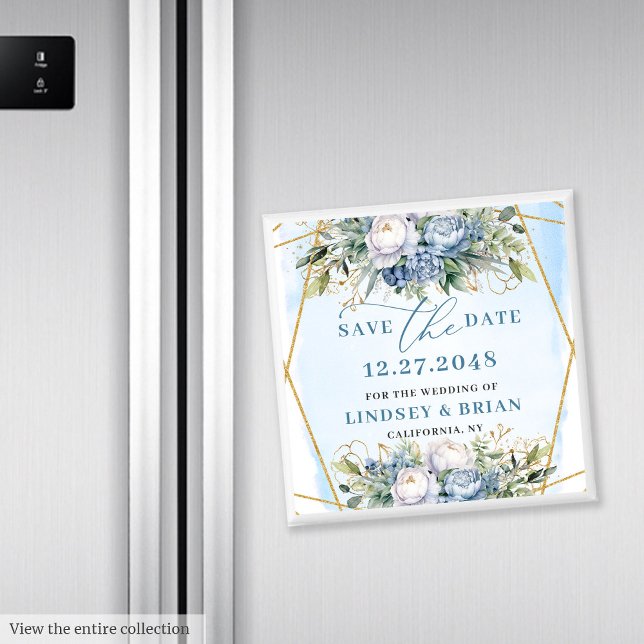 Aimant Pivoines Bleu Poussière Chic Cadre Doré Enregistre (Chic Dusty Blue Peonies Gold Frame Save the Date)