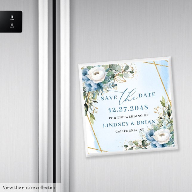 Aimant Pivoines Bleu Poussiéreux Moderne Or Sauver Date M (Modern Dusty Blue Peonies Gold Save the Date Magnet)