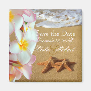 Aimant PixDezines Save Date, plage+plumeria+étoiles de me