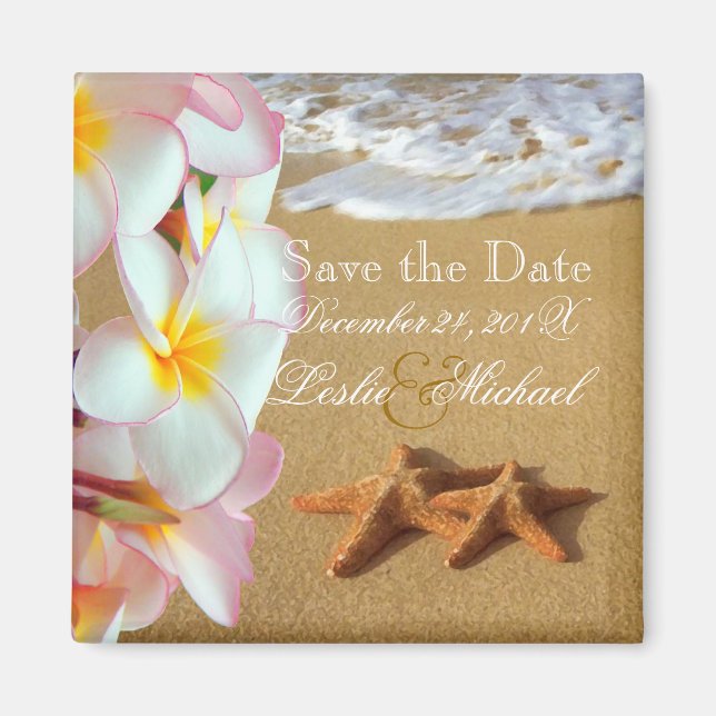 Aimant PixDezines Save Date, plage+plumeria+étoiles de me (Devant)
