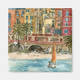 Aimant Plage et bâtiments d'aquarelle des destinations  