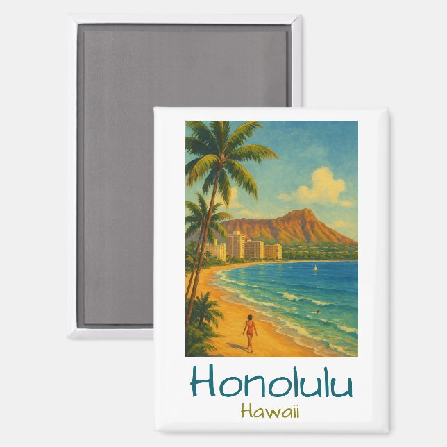 Aimant Plage Rétro Honolulu Hawaii Waikiki (Recto/Verso)