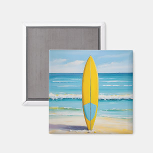 Aimant Planche de surf bleue et jaune sur la plage