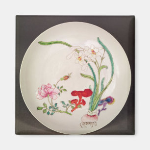 Aimant Plat de porcelaine, décoration rose de famille,
