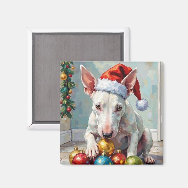 Aimant Playful Bull Terrier Dog Guarding Christmas (Recto/Verso)